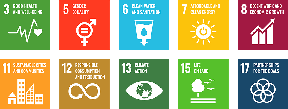 SDGs No.3 No.5 No.6 No.7 No.8 No.11 No.12 No.13 No.15 No.17